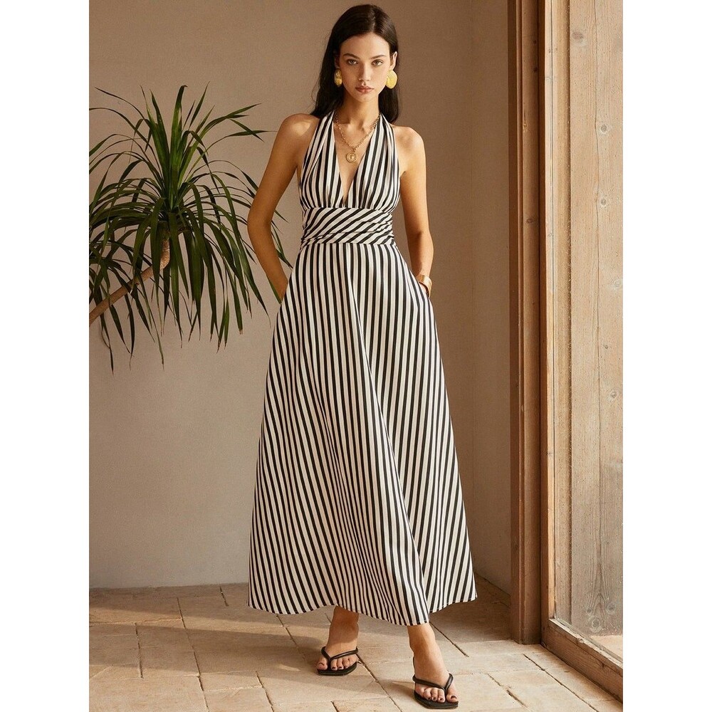 Commense Stripe Black White Backless Pockets Maxi Dress Halter Size XS Classic